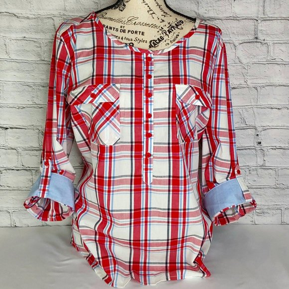 'VENUS' PLAID BUTTON FRONT FOLD~TAB BUTTON SLEEVE LIGHT DENIM PULL OVER TOP - Picture 1 of 16